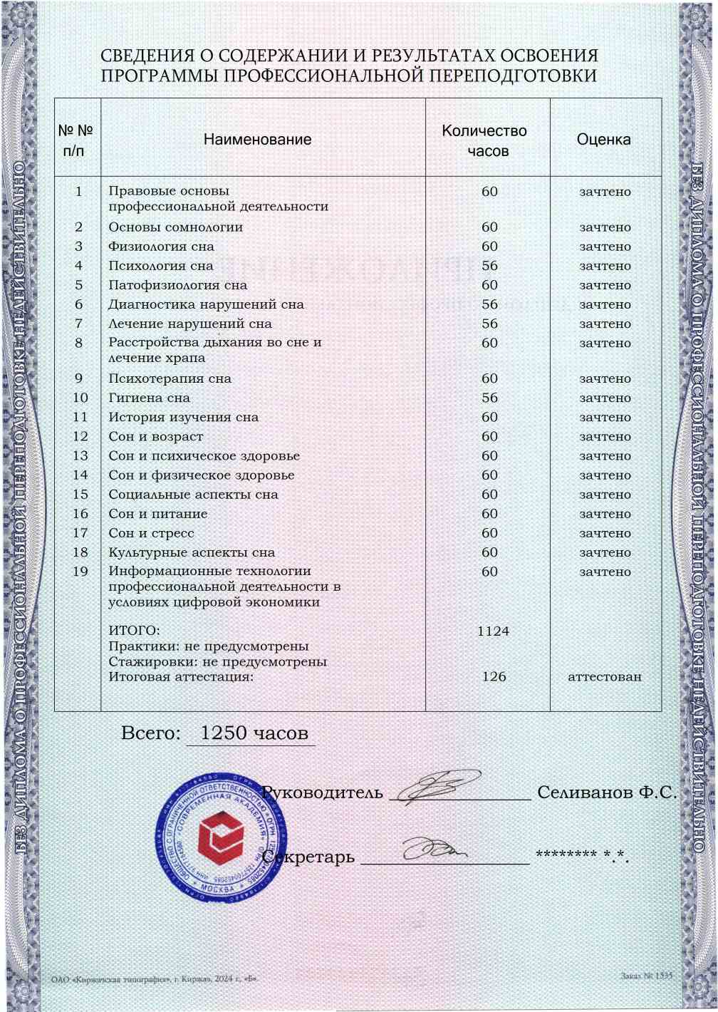 Образец приложения оборотная сторона (итоговое тестирование) по программе Сомнолог-консультант