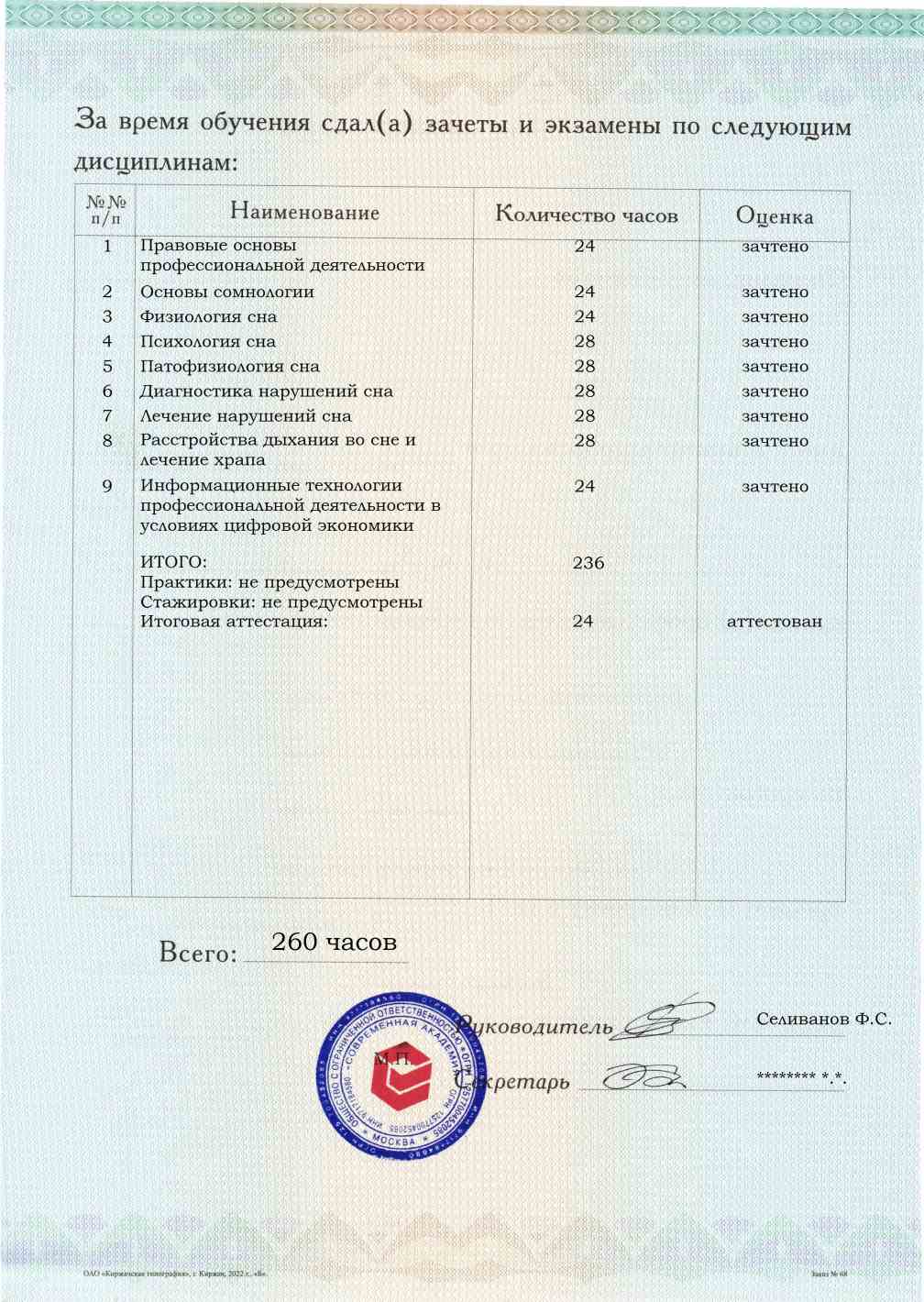 Образец приложения оборотная сторона (аттестационная работа) по программе Сомнолог-консультант