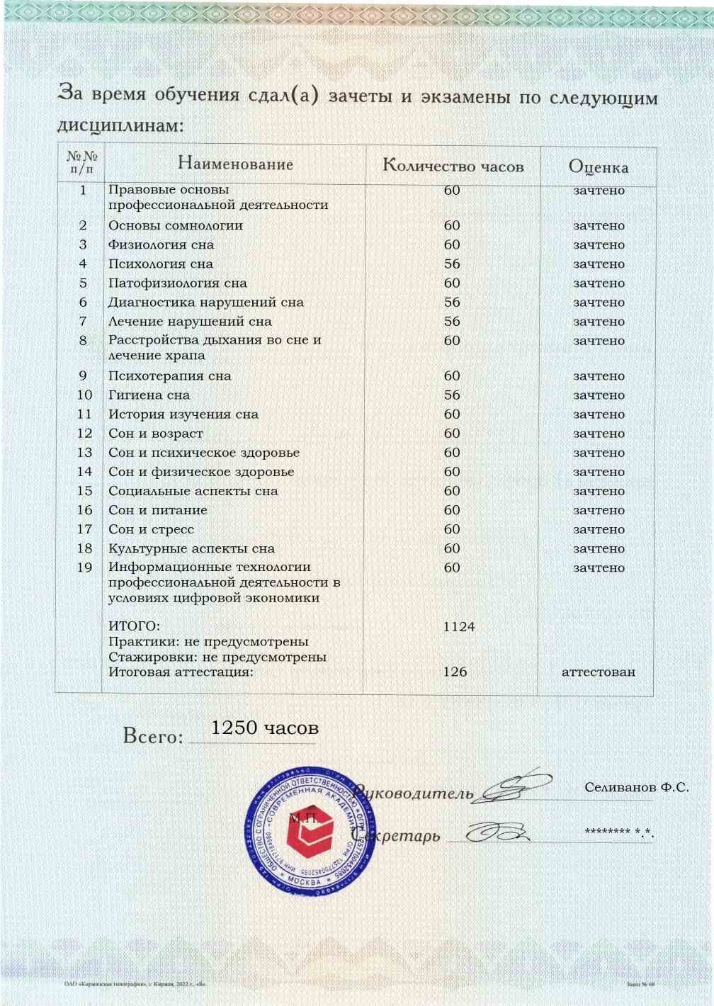 Образец приложения оборотная сторона (аттестационная работа) по программе Сомнолог-консультант