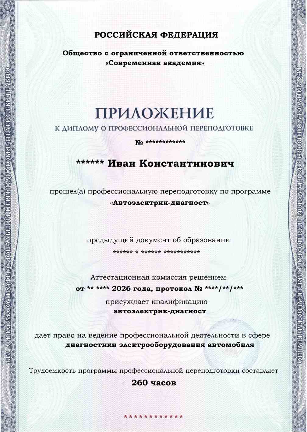 Образец приложения лицевая сторона (итоговое тестирование) по программе Автоэлектрик-диагност