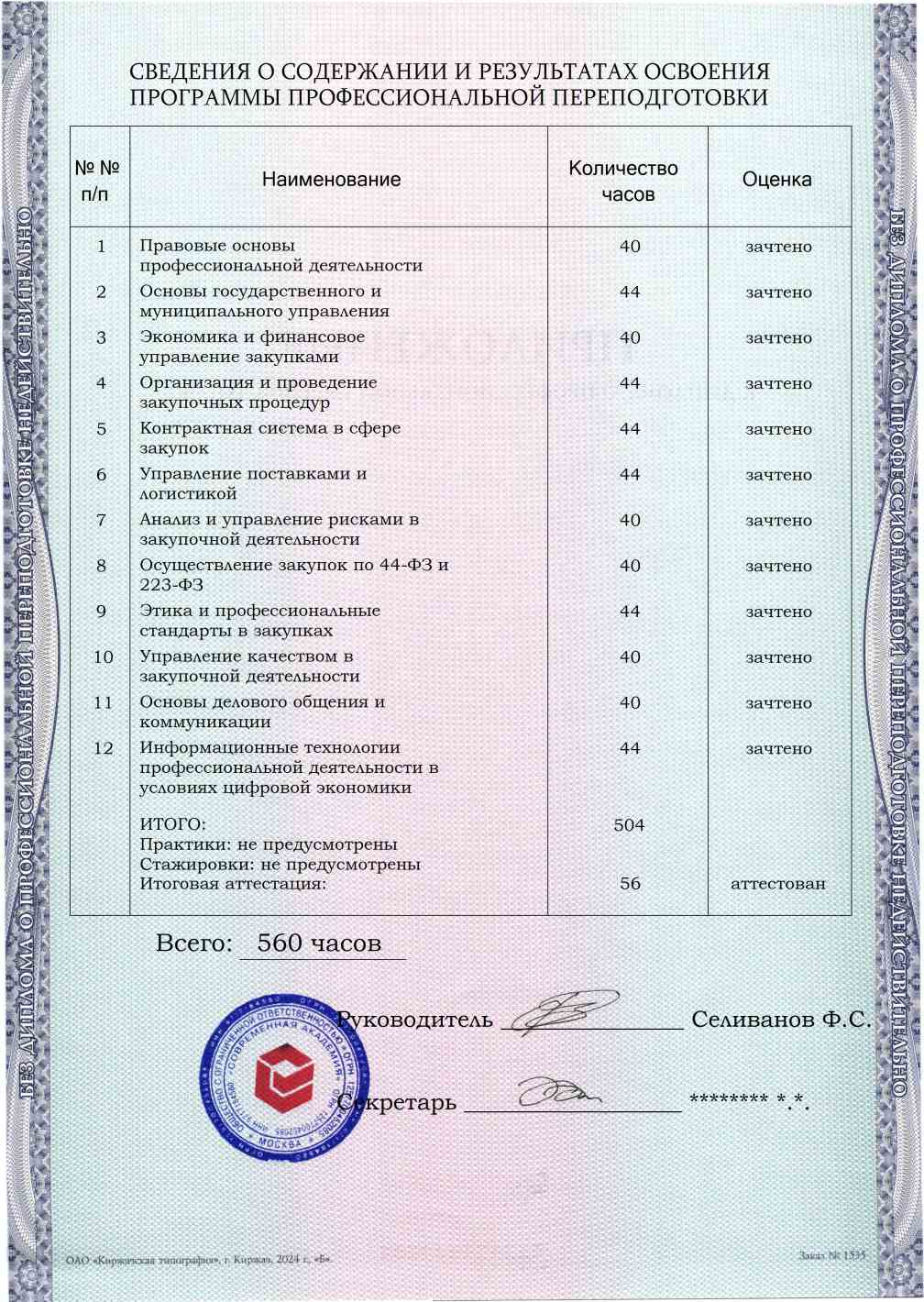 Образец приложения оборотная сторона (итоговое тестирование) по программе Специалист в сфере закупок