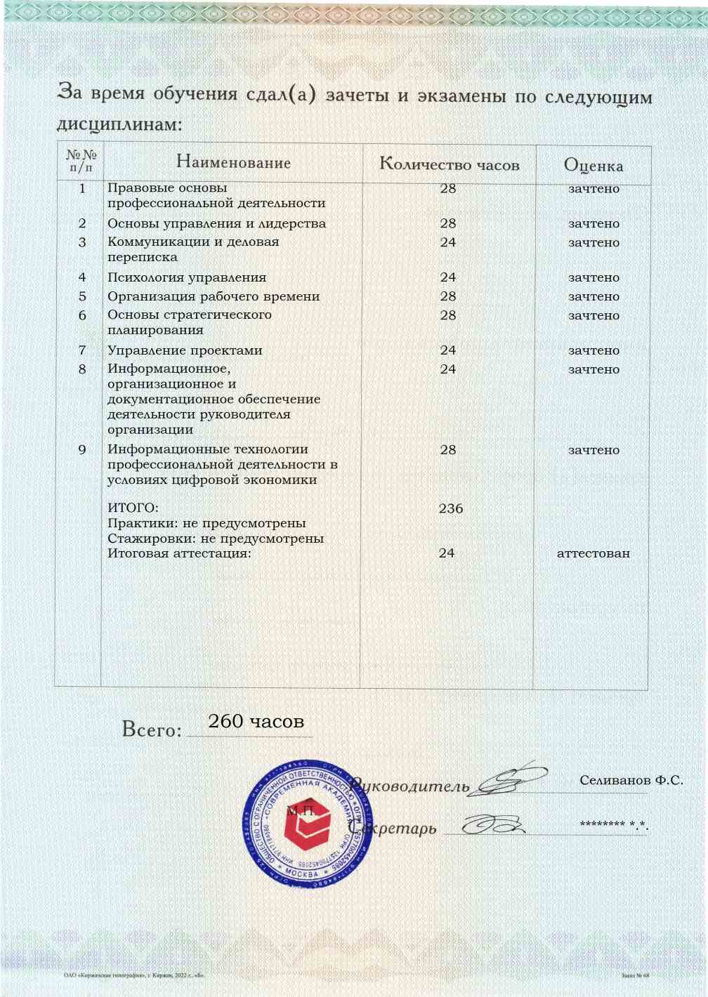 Образец приложения оборотная сторона (аттестационная работа) по программе Помощник руководителя