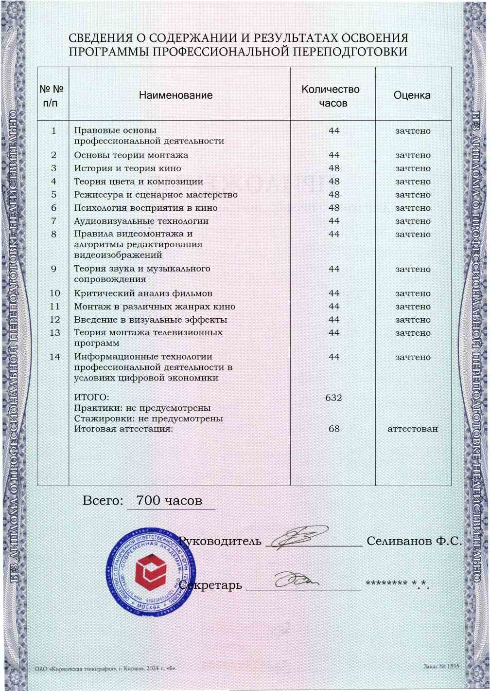 Образец приложения оборотная сторона (итоговое тестирование) по программе Специалист по видеомонтажу
