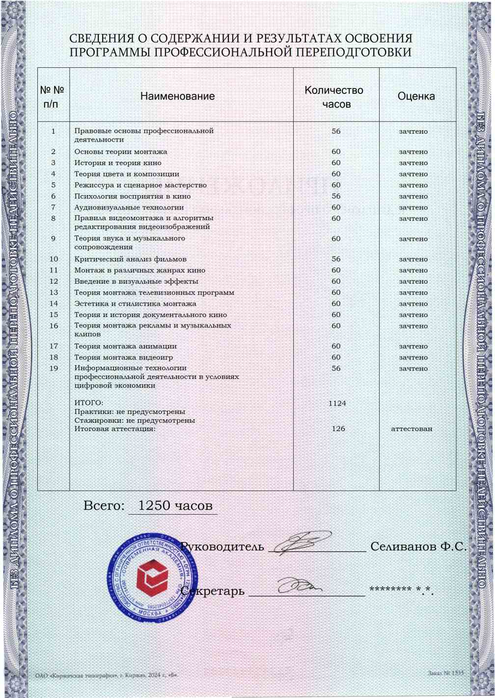 Образец приложения оборотная сторона (итоговое тестирование) по программе Специалист по видеомонтажу