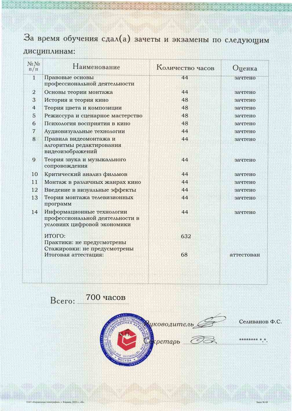 Образец приложения оборотная сторона (аттестационная работа) по программе Специалист по видеомонтажу