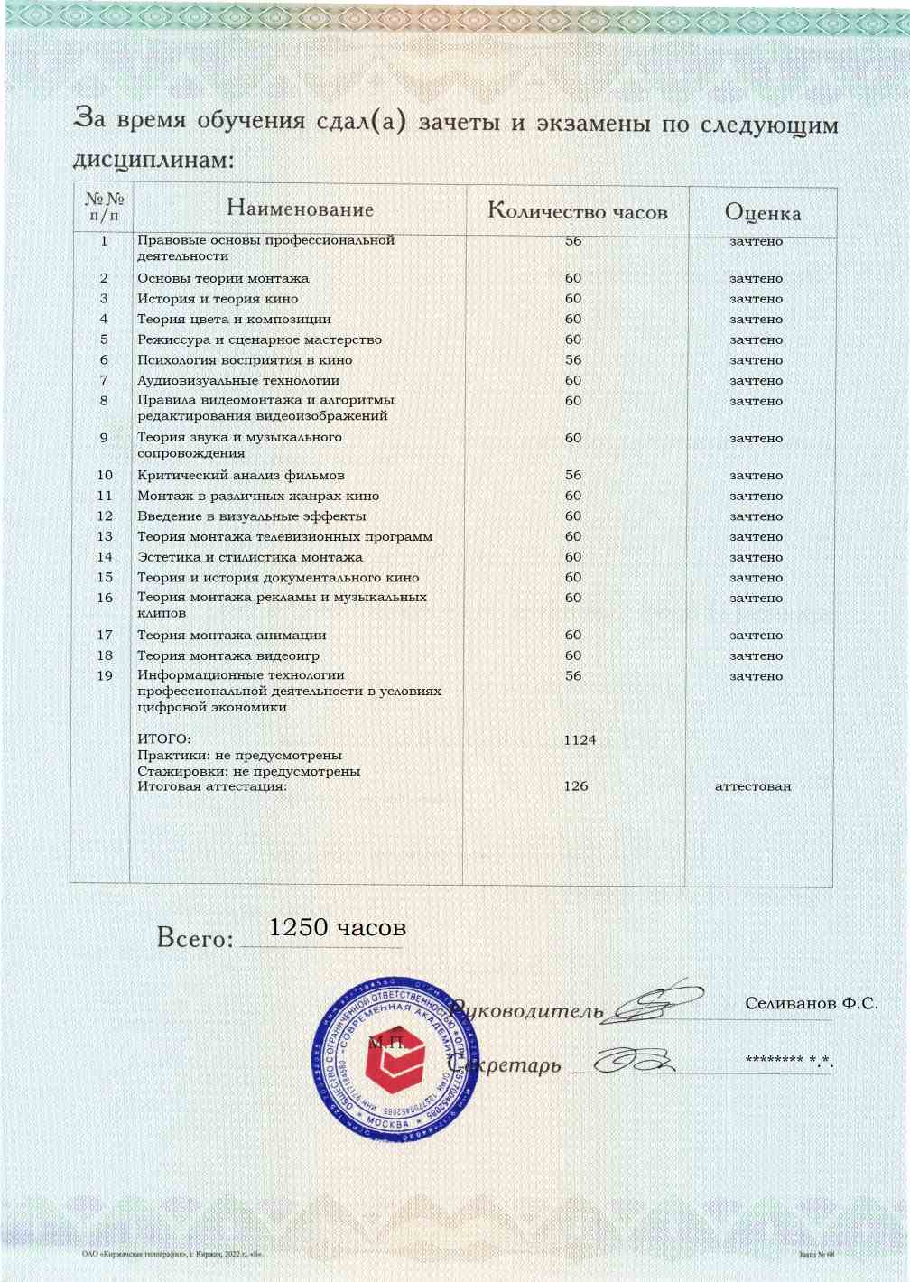 Образец приложения оборотная сторона (аттестационная работа) по программе Специалист по видеомонтажу