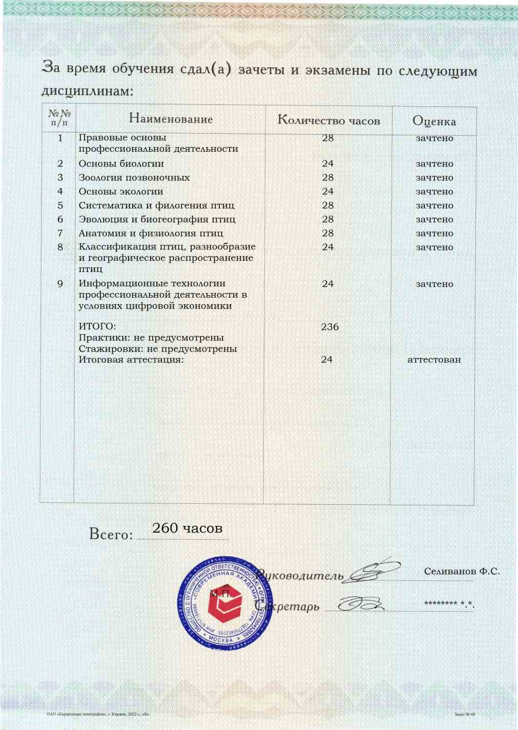 Приложение к диплому, оборотная сторона, выпускная работа, Орнитология