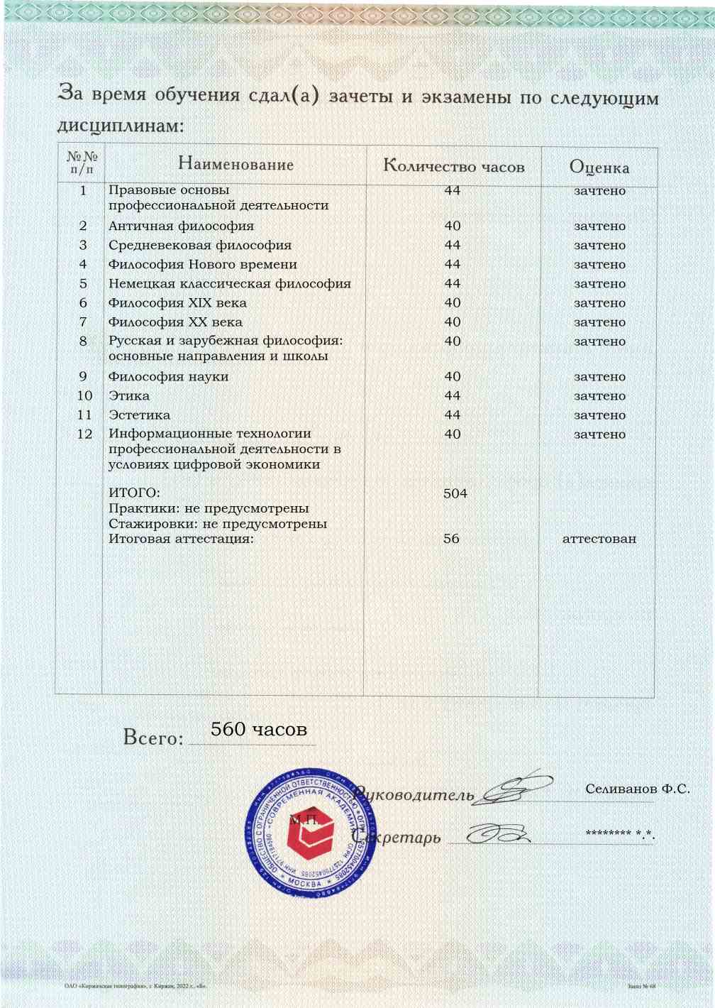 Образец приложения оборотная сторона (аттестационная работа) по программе Философия