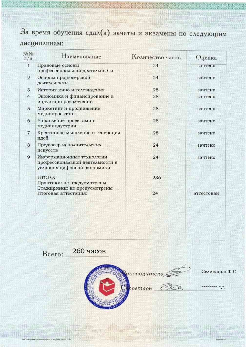Приложение к диплому, оборотная сторона, выпускная работа, Продюсер