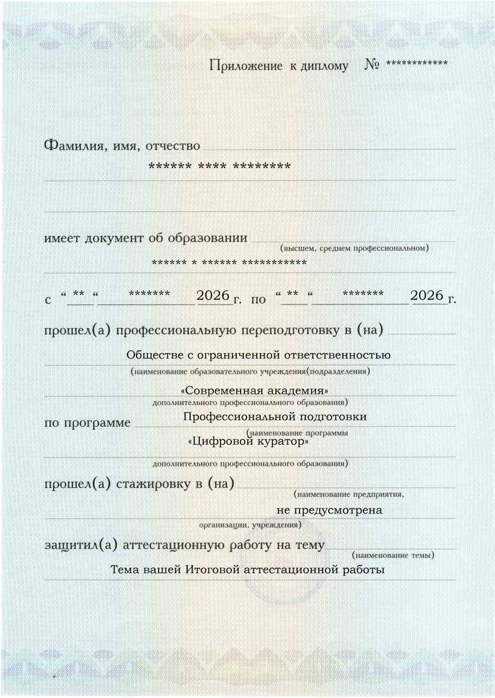 Приложение к диплому, лицевая сторона, выпускная работа, Цифровой куратор