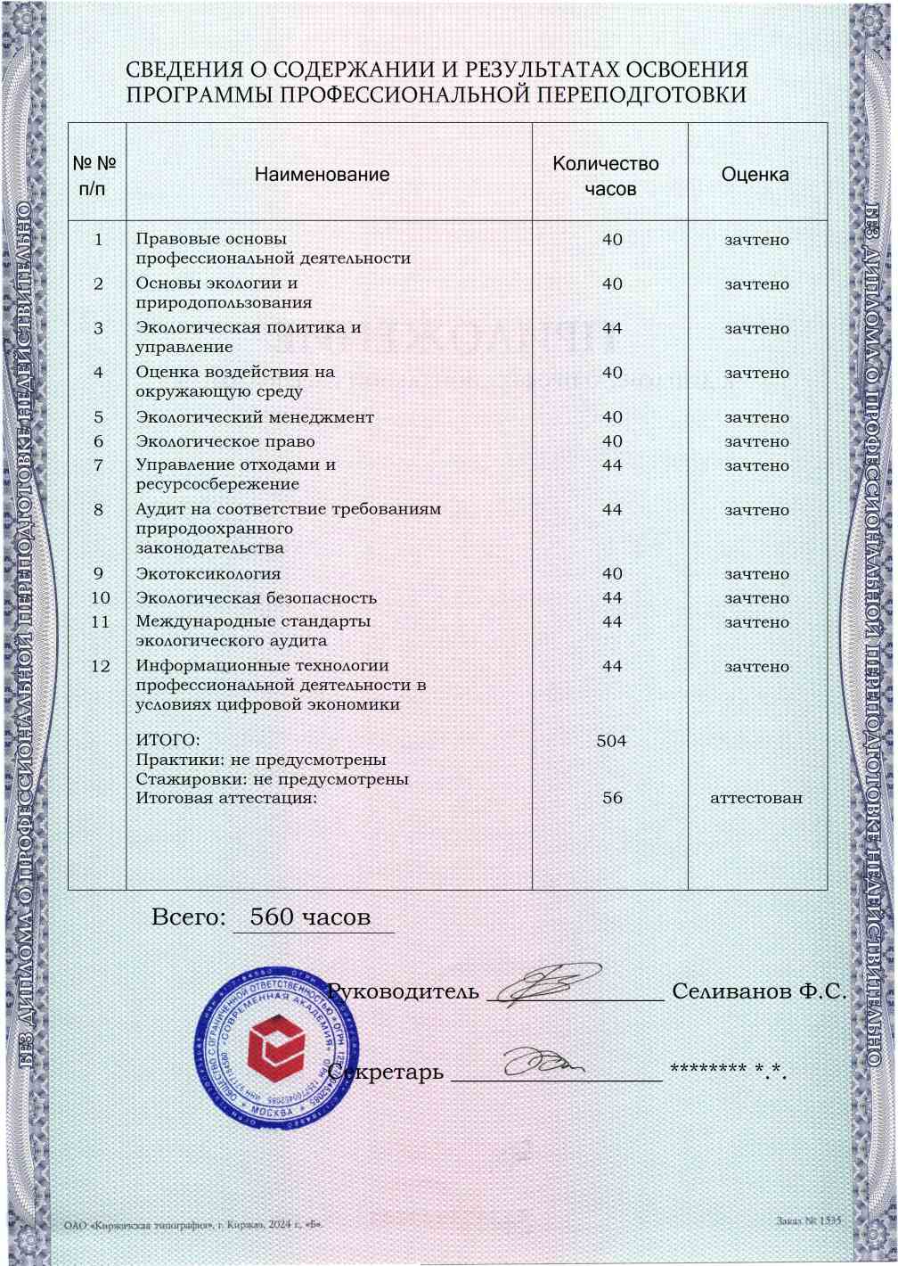 Образец приложения оборотная сторона (итоговое тестирование) по программе Экологический аудит
