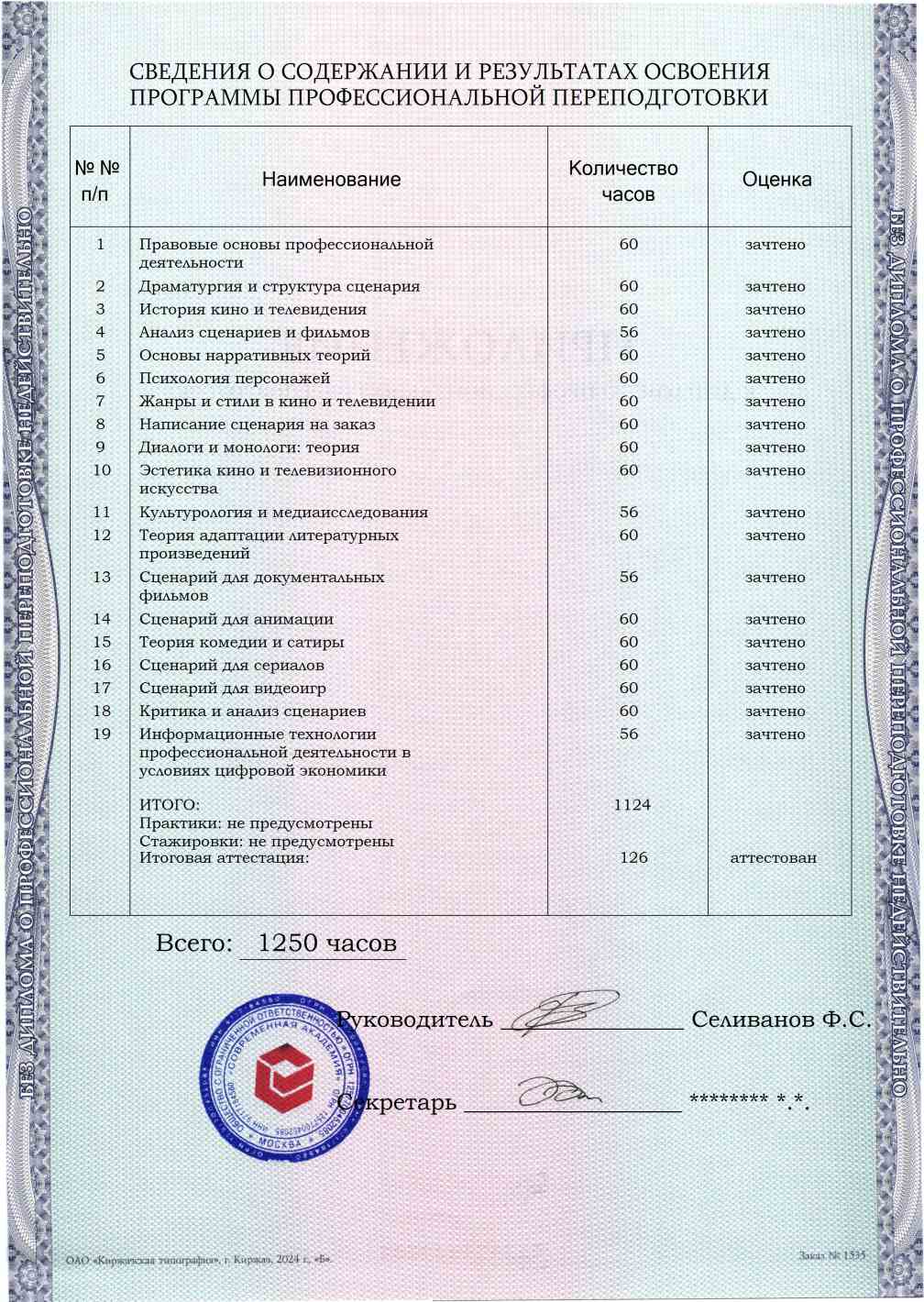 Образец приложения оборотная сторона (итоговое тестирование) по программе Сценарист