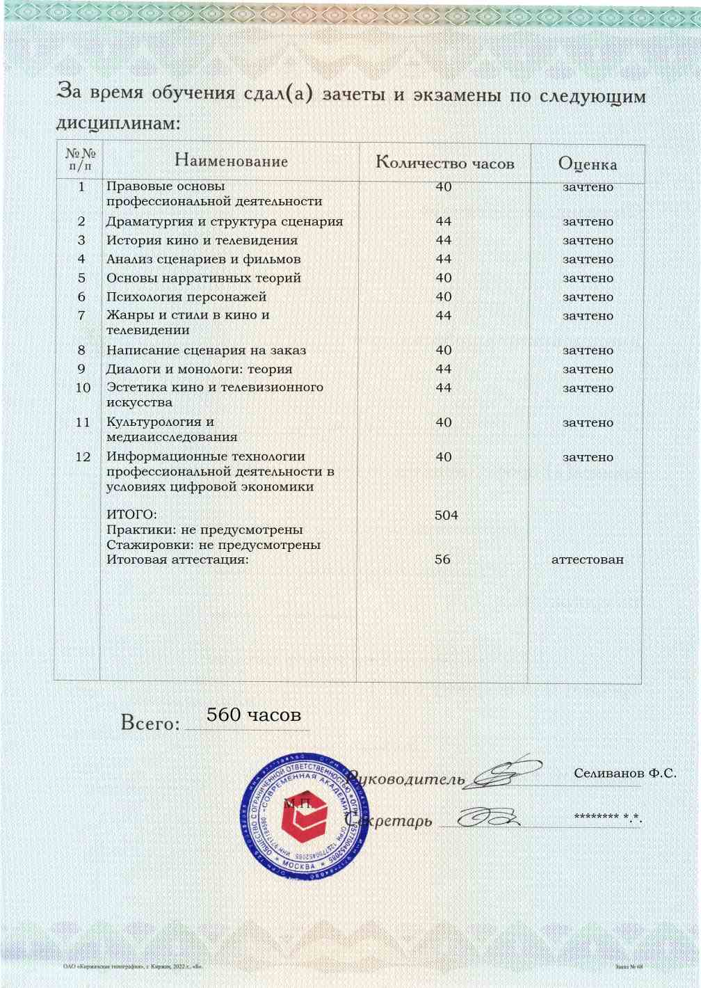 Образец приложения оборотная сторона (аттестационная работа) по программе Сценарист