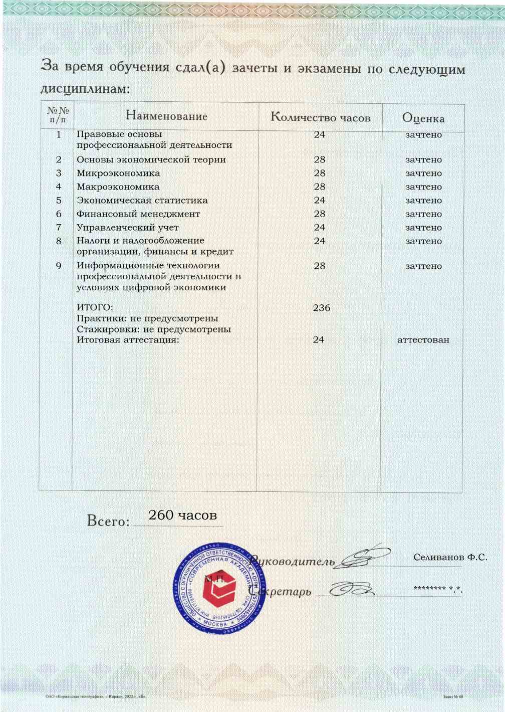 Образец приложения оборотная сторона (аттестационная работа) по программе Экономист