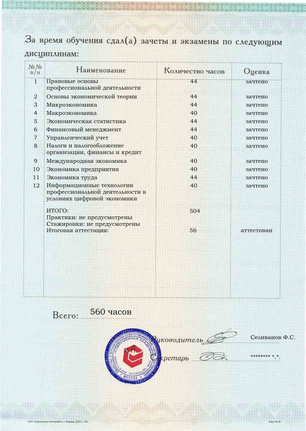 Образец приложения оборотная сторона (аттестационная работа) по программе Экономист