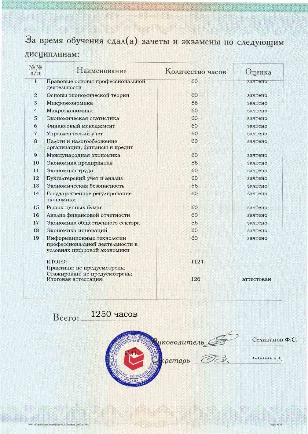 Образец приложения оборотная сторона (аттестационная работа) по программе Экономист