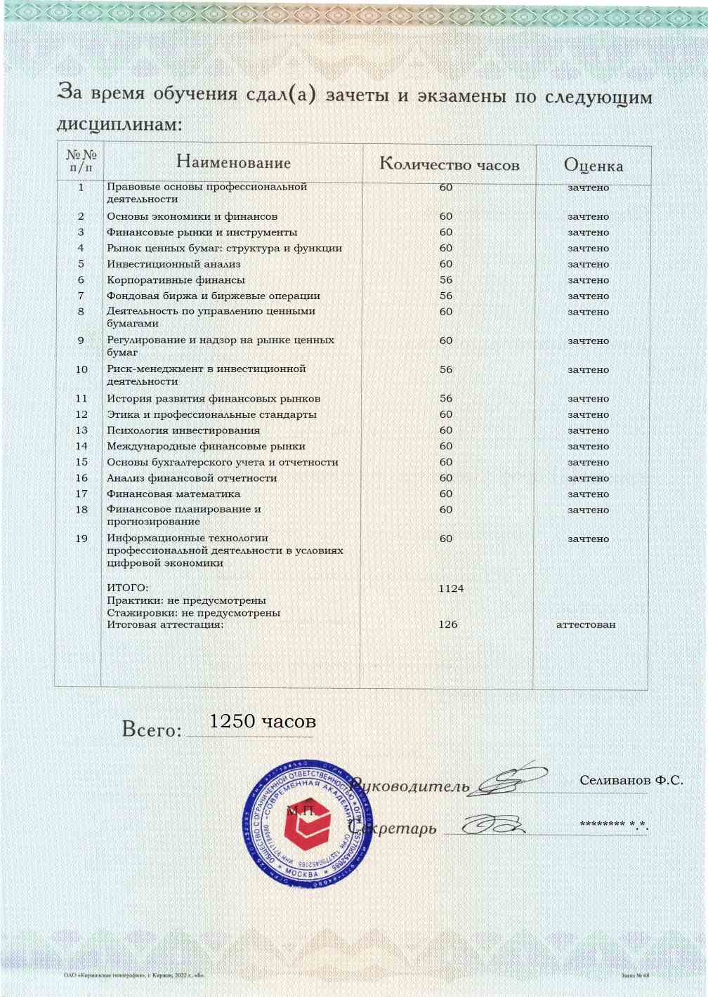 Образец приложения оборотная сторона (аттестационная работа) по программе Специалист рынка ценных бумаг