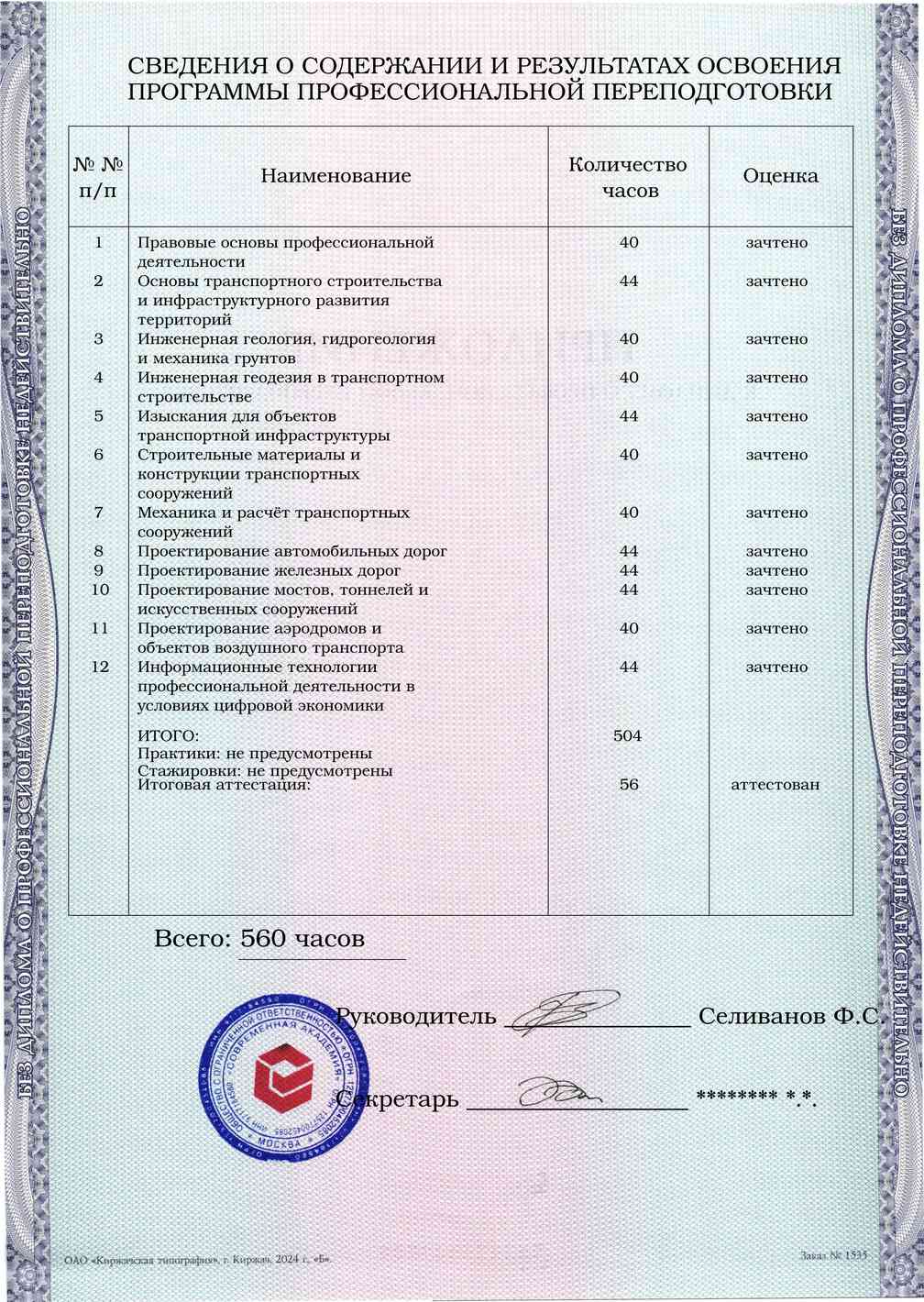 Образец приложения оборотная сторона (итоговое тестирование) по программе Проектирование, строительство и эксплуатация объектов транспортного строительства и сопутствующей инфраструктуры