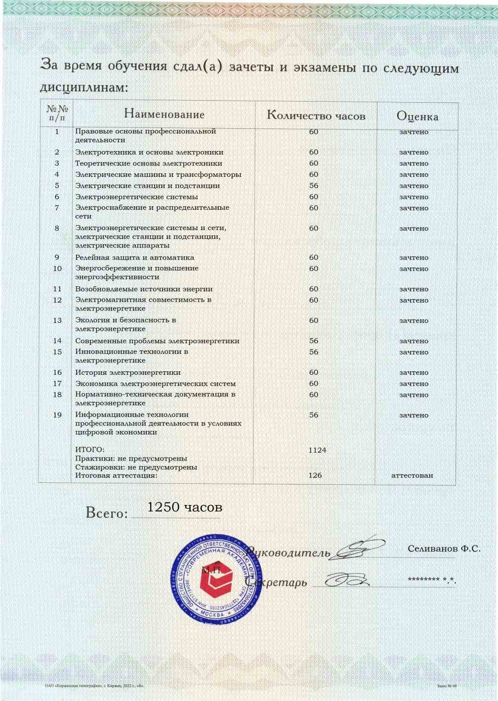 Образец приложения оборотная сторона (аттестационная работа) по программе Электрические станции, электроэнергетические системы и сети