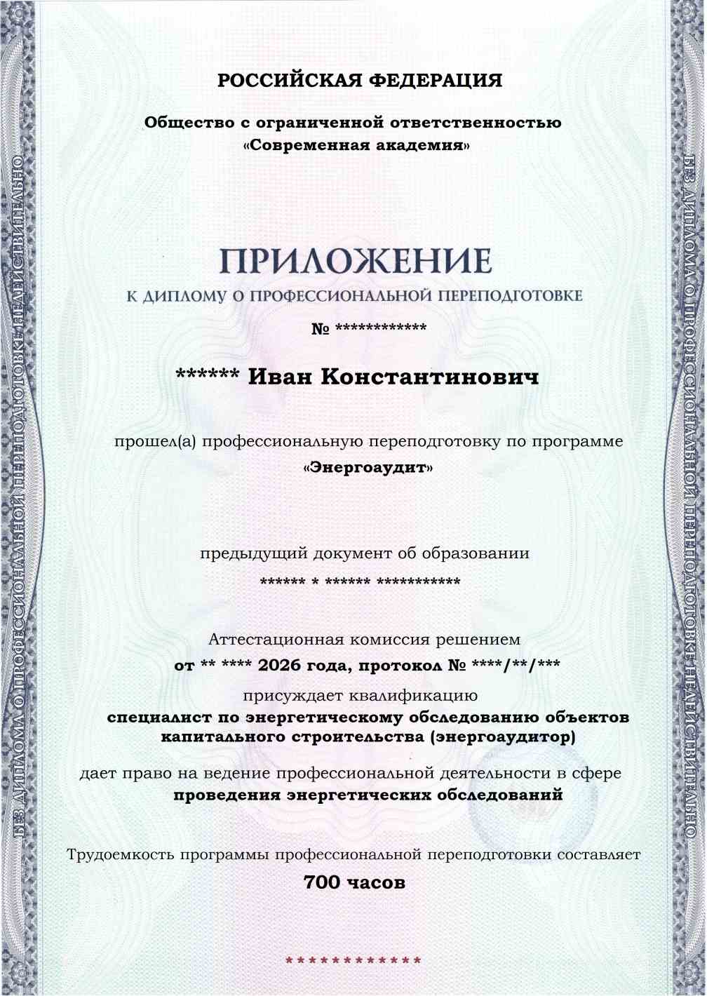 Образец приложения лицевая сторона (итоговое тестирование) по программе Энергоаудит
