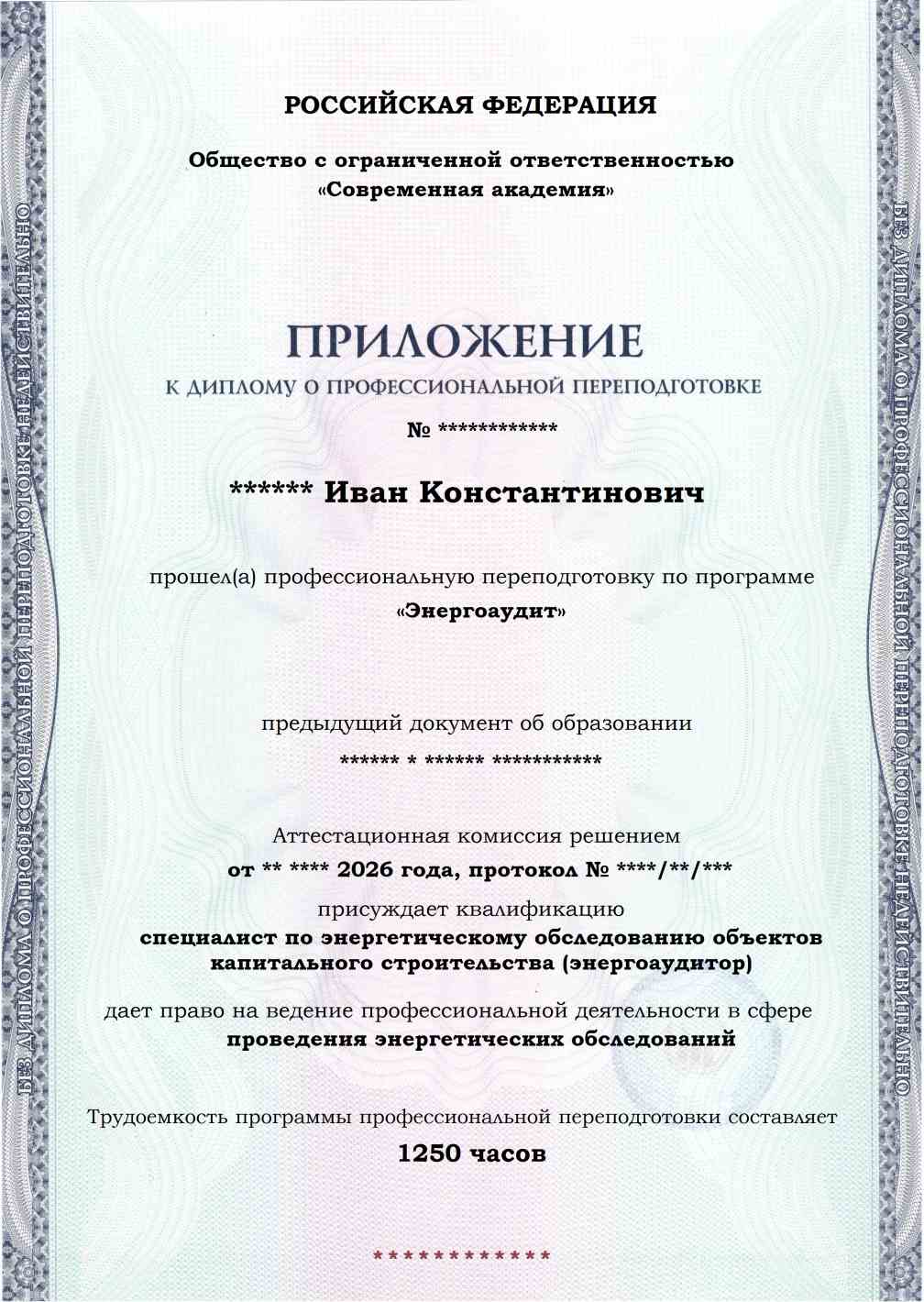 Образец приложения лицевая сторона (итоговое тестирование) по программе Энергоаудит