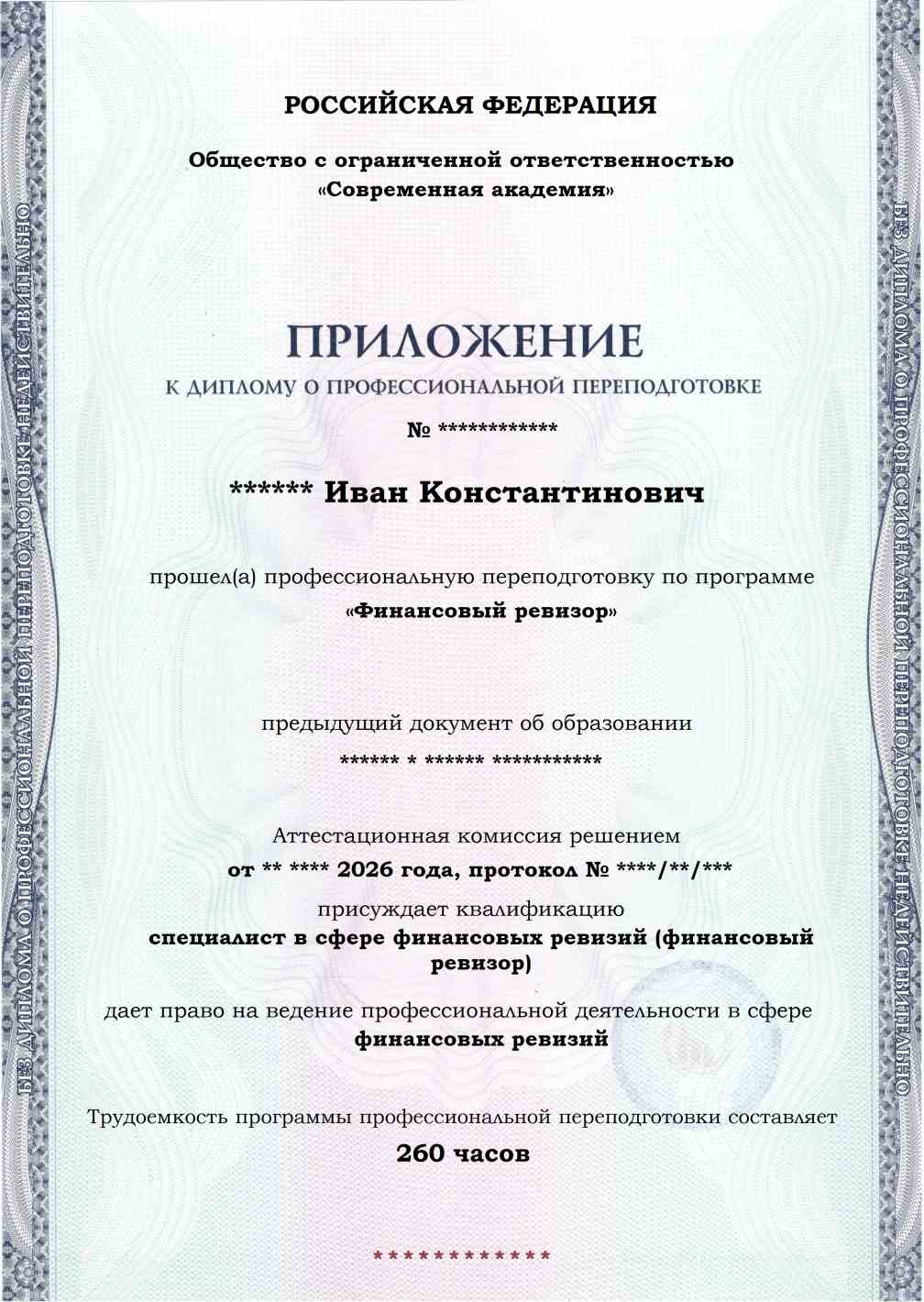 Образец приложения лицевая сторона (итоговое тестирование) по программе Финансовый ревизор