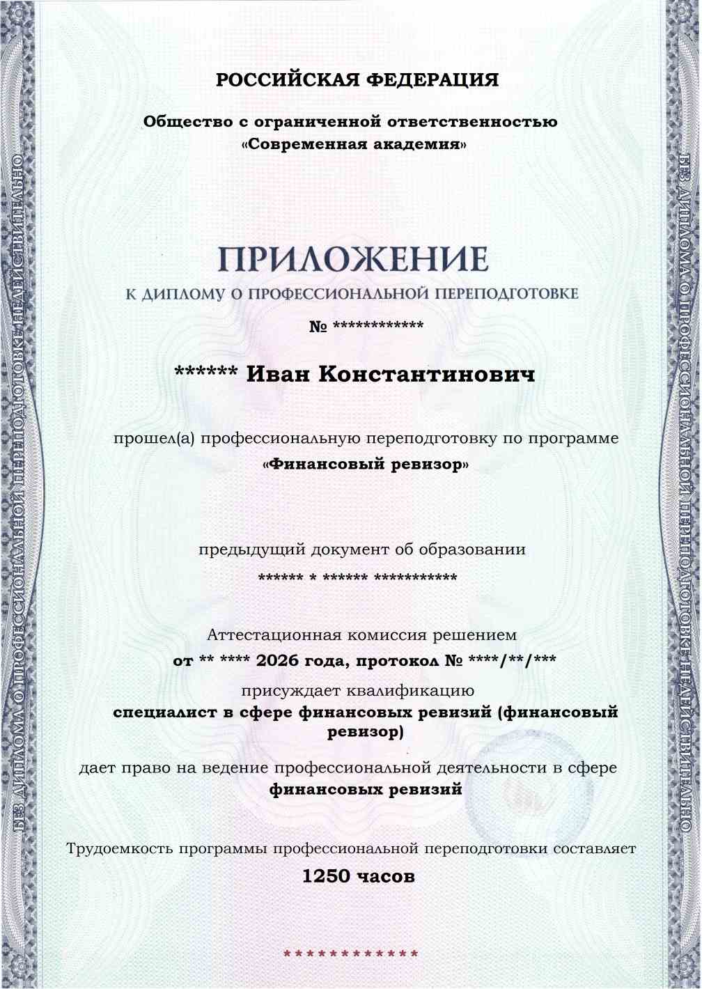 Образец приложения лицевая сторона (итоговое тестирование) по программе Финансовый ревизор