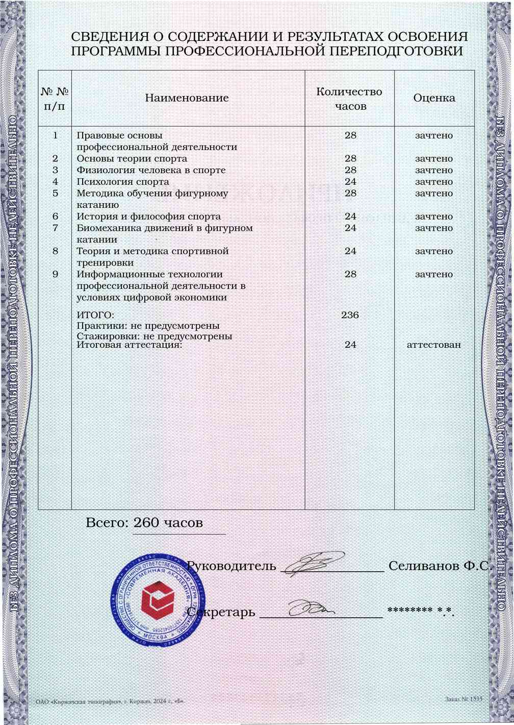 Образец приложения оборотная сторона (итоговое тестирование) по программе Тренер по фигурному катанию