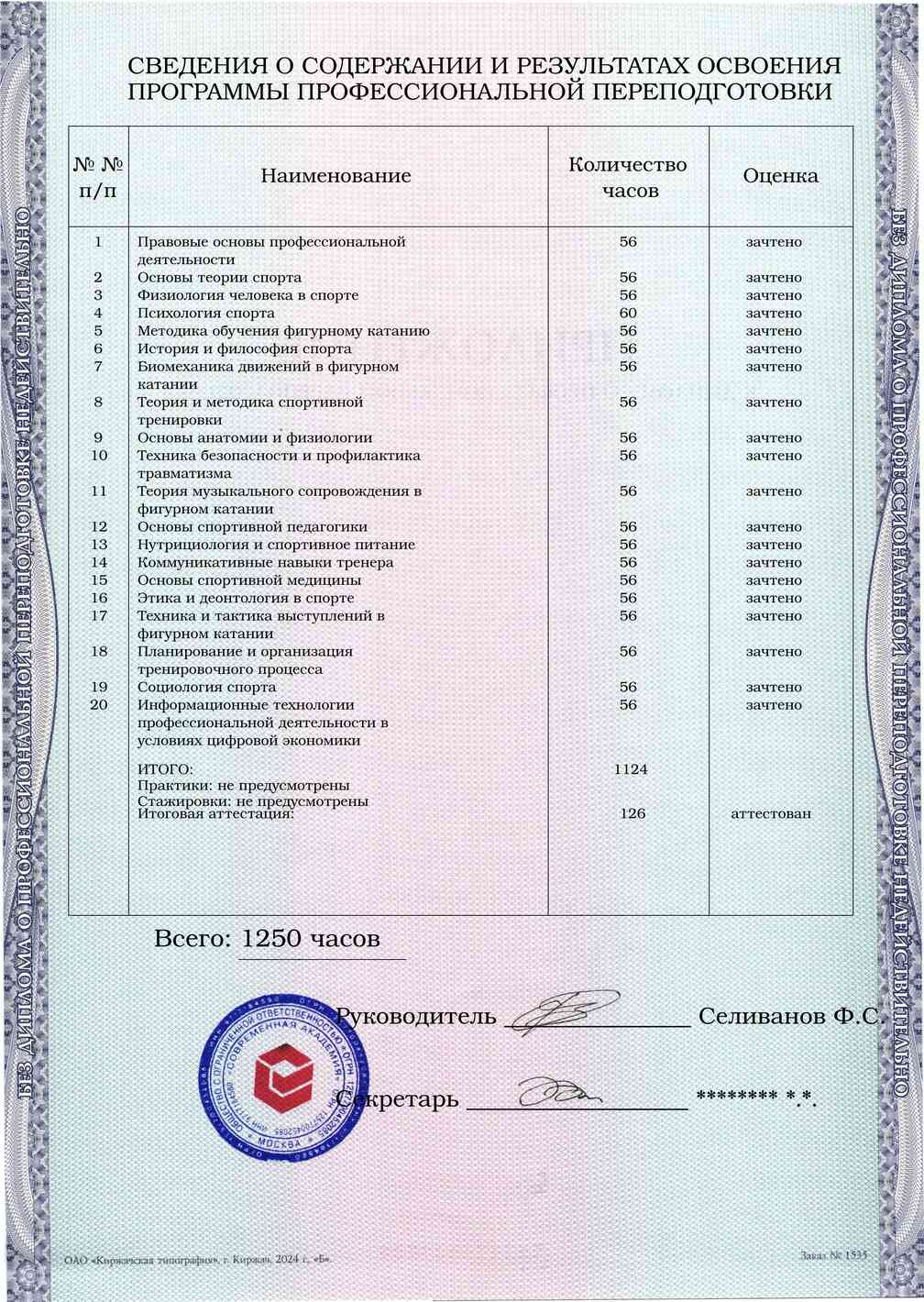 Образец приложения оборотная сторона (итоговое тестирование) по программе Тренер по фигурному катанию