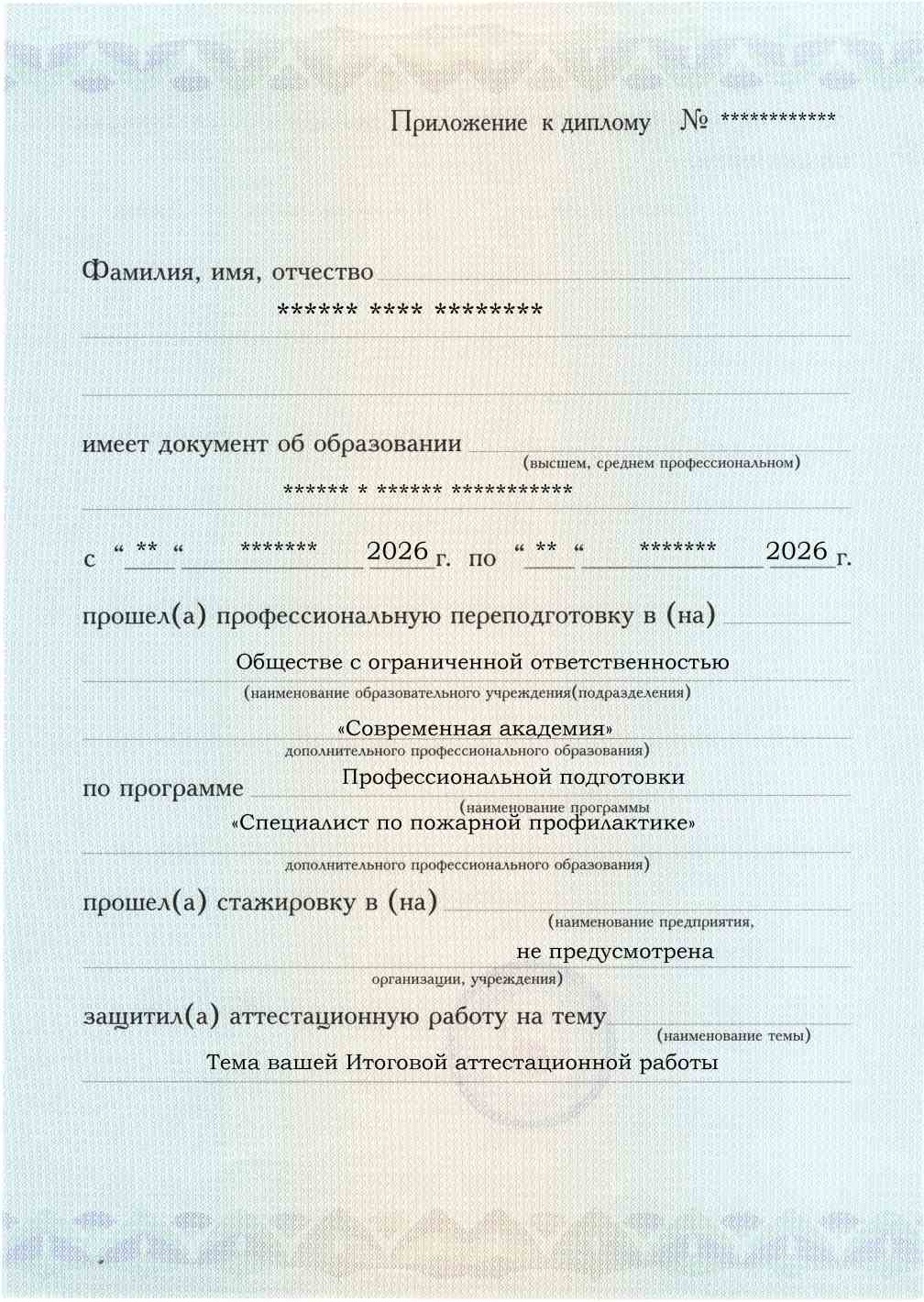 Приложение к диплому, лицевая сторона, выпускная работа, Специалист по пожарной профилактике