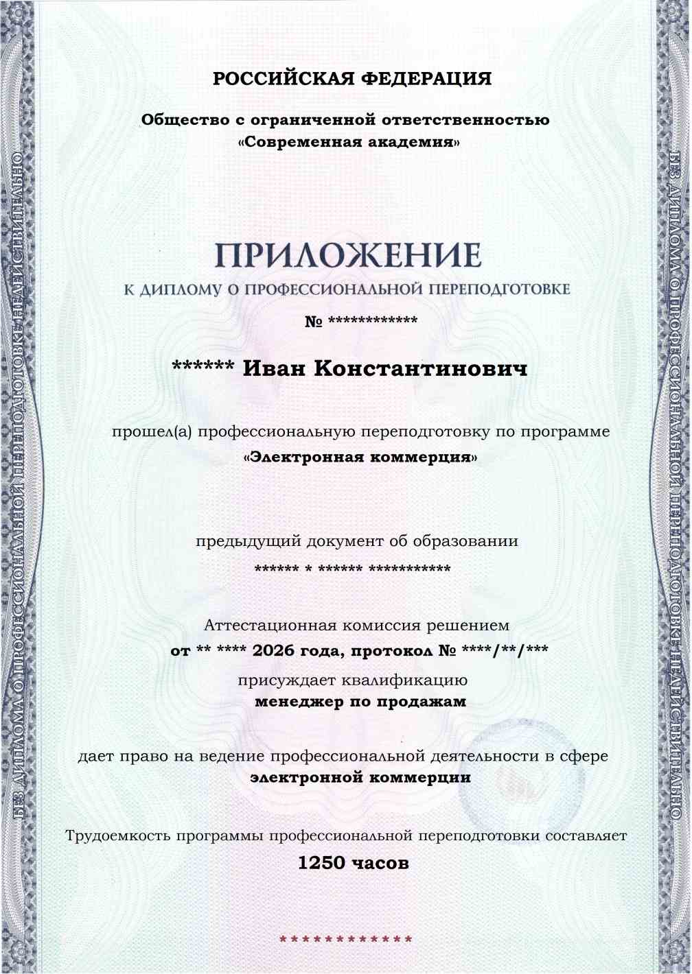 Образец приложения лицевая сторона (итоговое тестирование) по программе Электронная коммерция