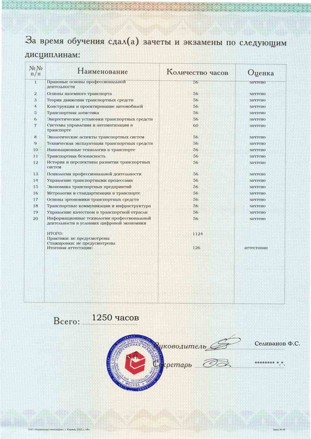 Образец приложения оборотная сторона (аттестационная работа) по программе Наземные транспортно-технологические средства