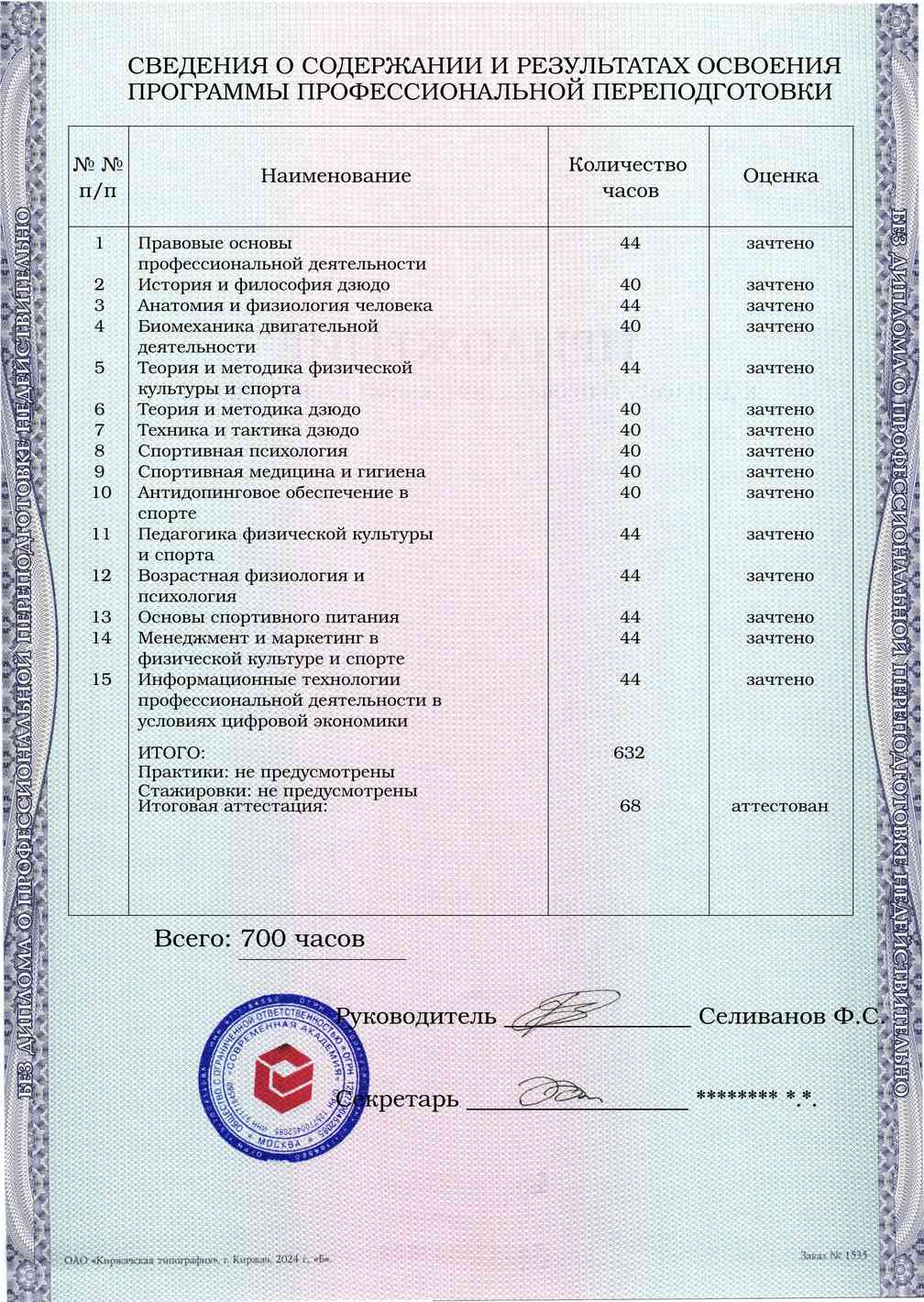 Образец приложения оборотная сторона (итоговое тестирование) по программе Тренер по дзюдо