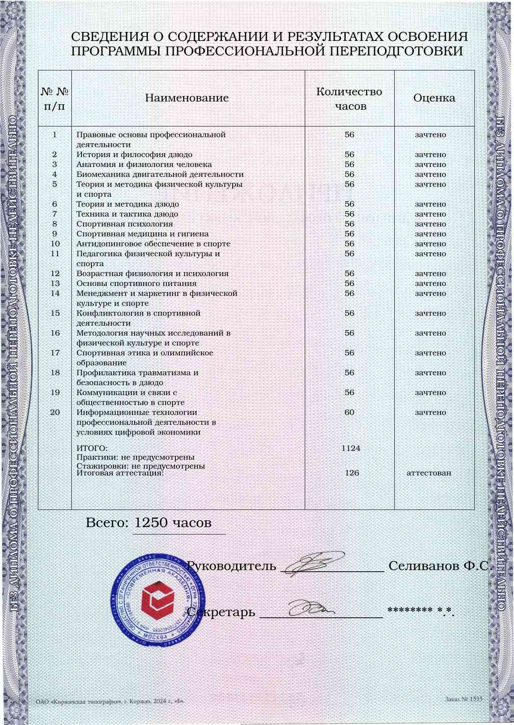 Образец приложения оборотная сторона (итоговое тестирование) по программе Тренер по дзюдо
