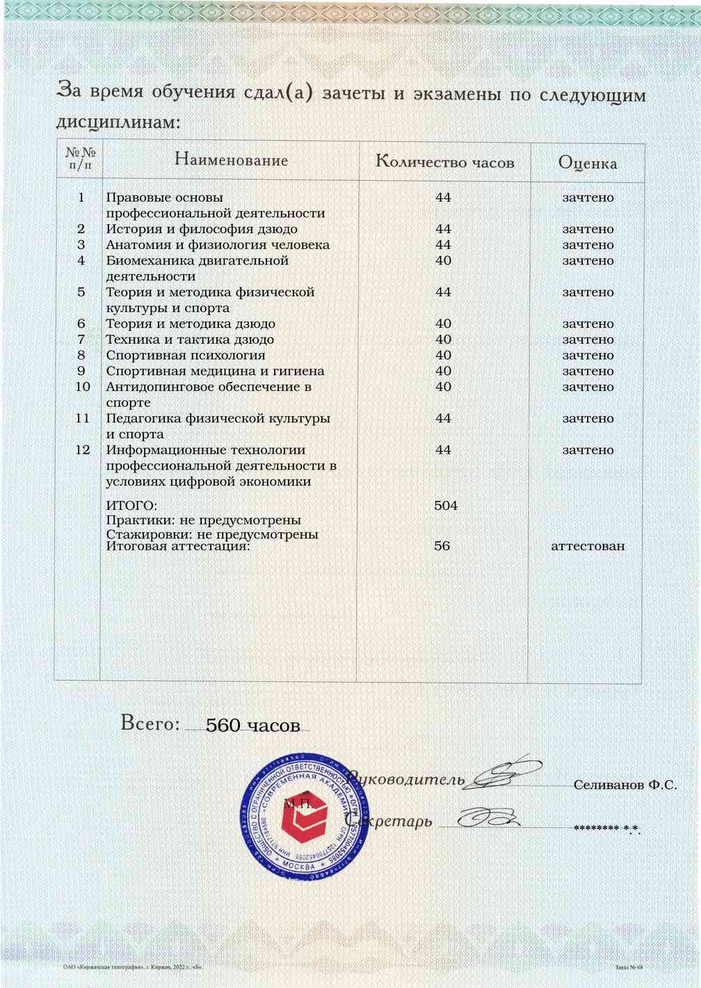 Образец приложения оборотная сторона (аттестационная работа) по программе Тренер по дзюдо