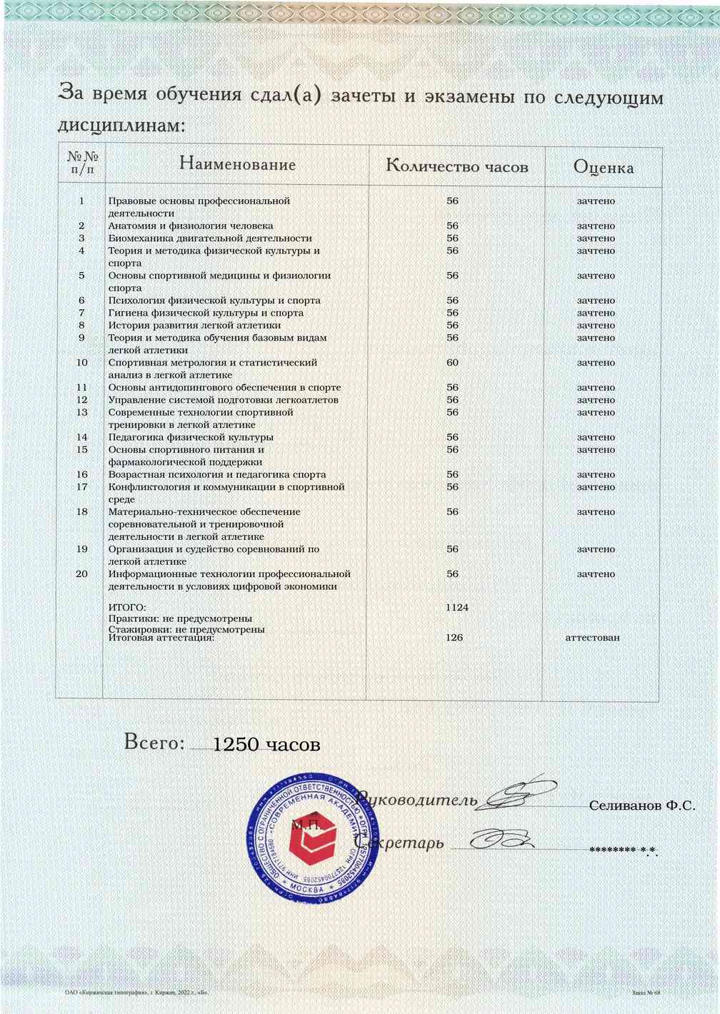 Образец приложения оборотная сторона (аттестационная работа) по программе Тренер по легкой атлетике