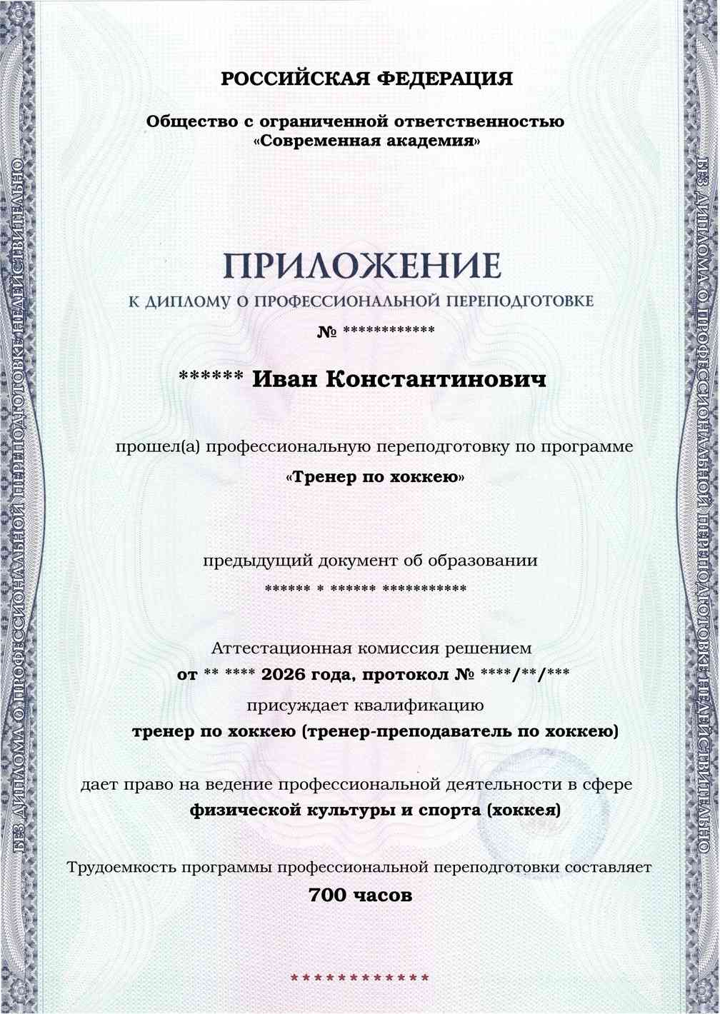 Образец приложения лицевая сторона (итоговое тестирование) по программе Тренер по хоккею