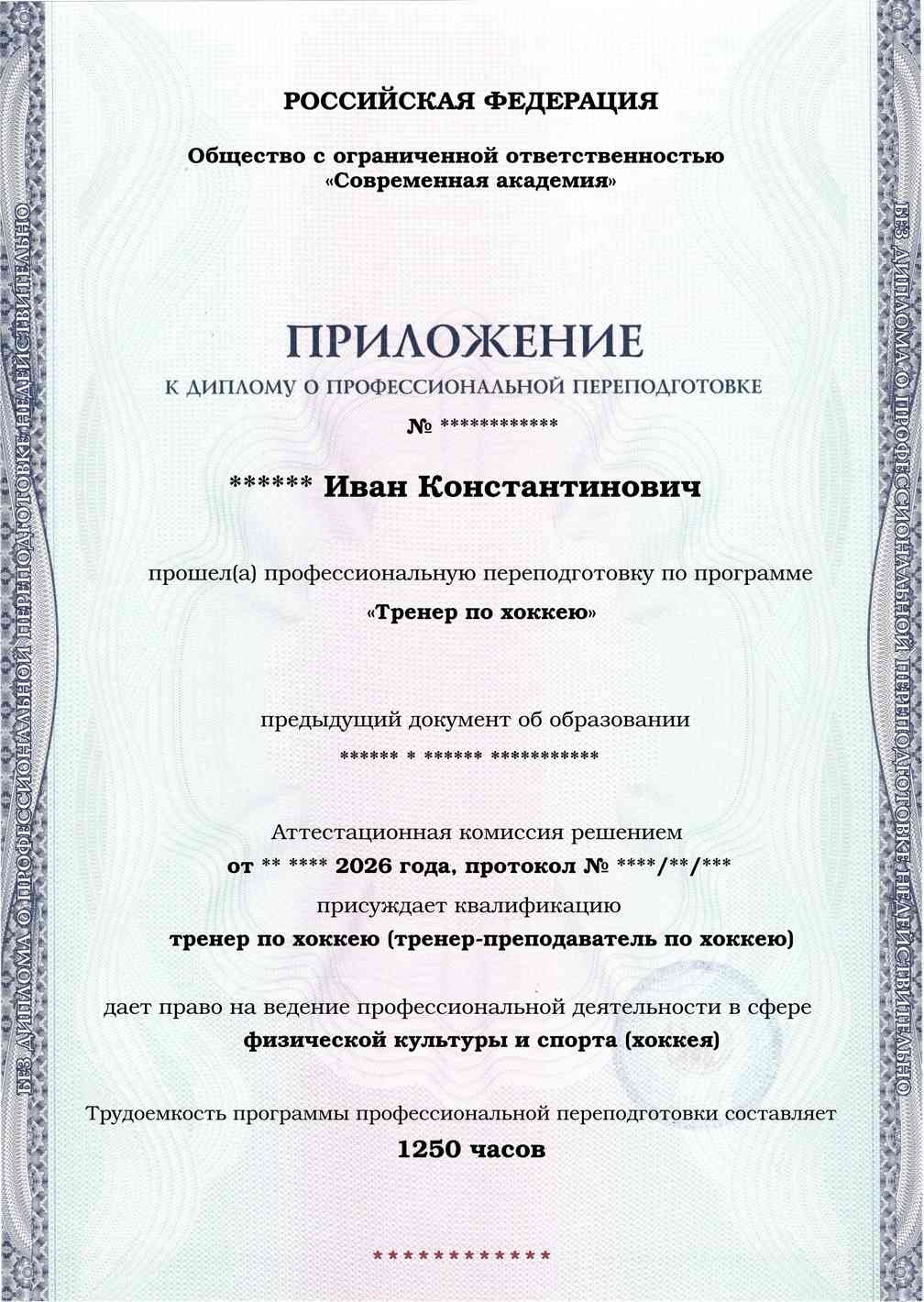 Образец приложения лицевая сторона (итоговое тестирование) по программе Тренер по хоккею