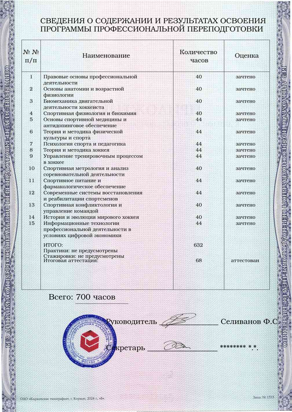 Образец приложения оборотная сторона (итоговое тестирование) по программе Тренер по хоккею