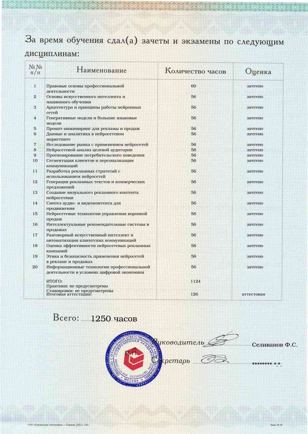 Образец приложения оборотная сторона (аттестационная работа) по программе Нейросетевые инструменты для рекламы и продаж