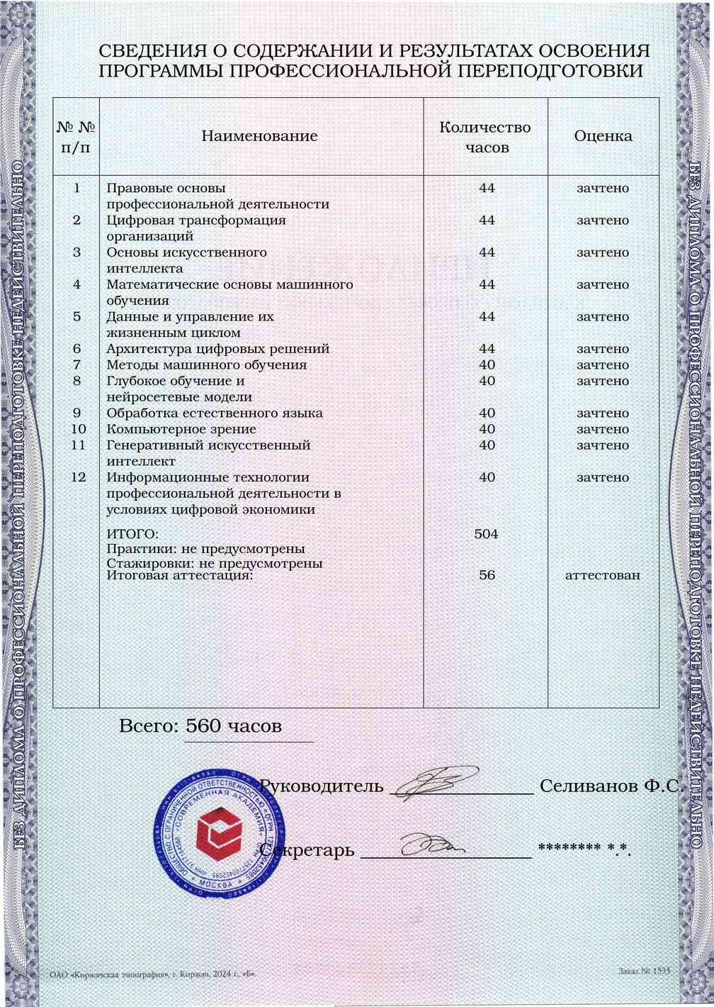 Образец приложения оборотная сторона (итоговое тестирование) по программе Управление цифровыми решениями с искусственным интеллектом