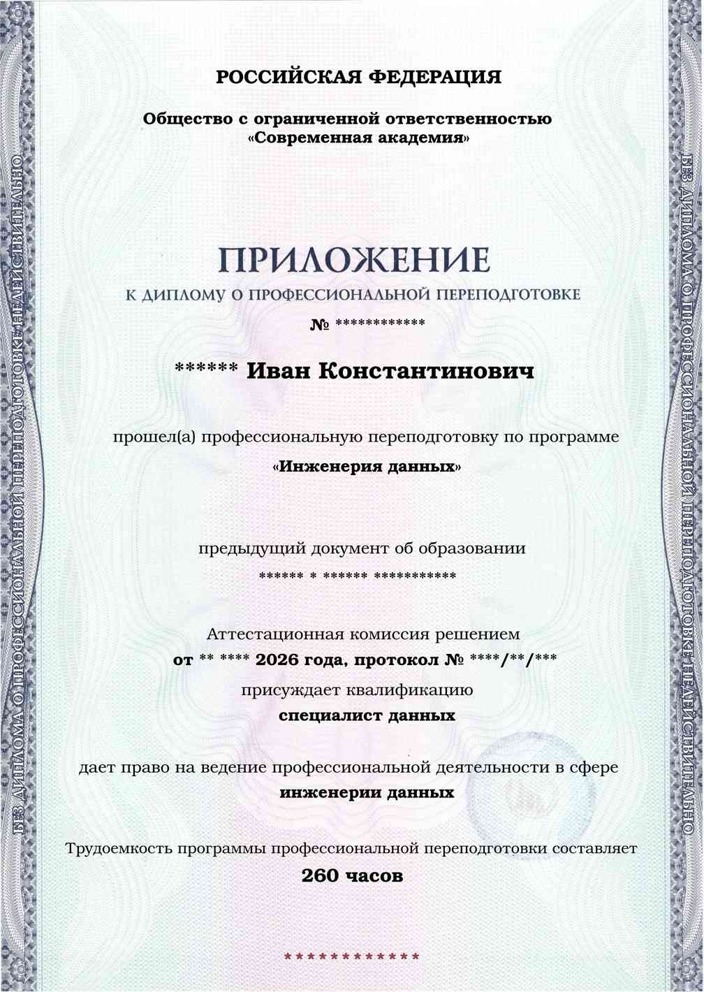 Образец приложения лицевая сторона (итоговое тестирование) по программе Инженерия данных