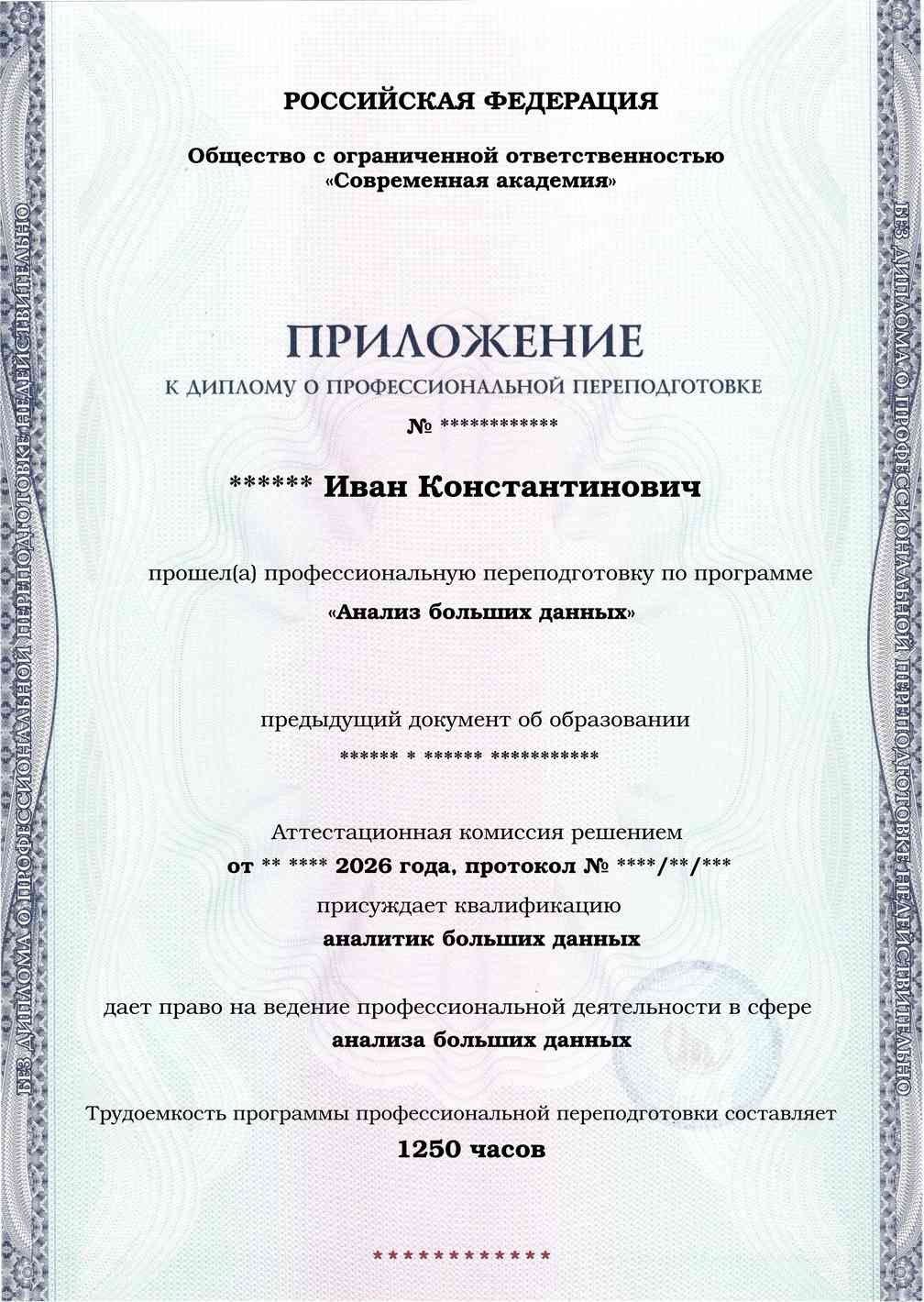 Образец приложения лицевая сторона (итоговое тестирование) по программе Анализ больших данных