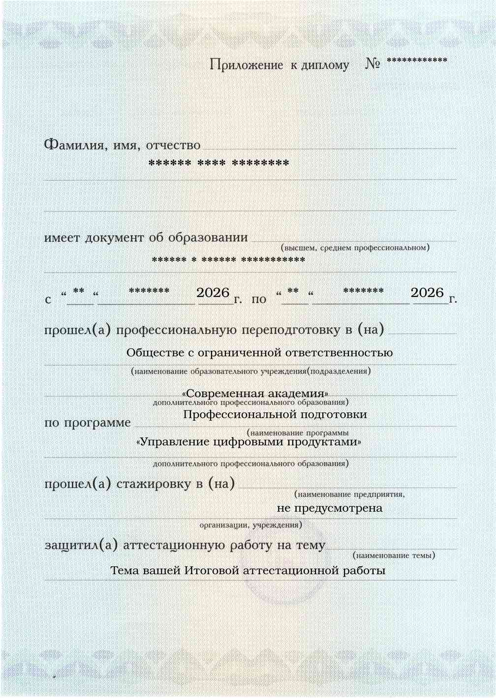 Образец приложения лицевая сторона (аттестационная работа) по программе Управление цифровыми продуктами