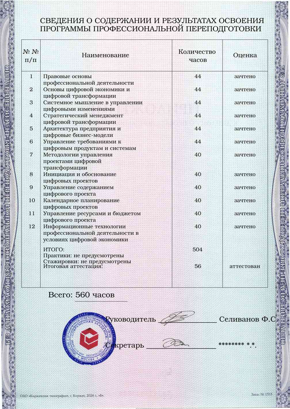 Образец приложения оборотная сторона (итоговое тестирование) по программе Управление проектами цифровой трансформации