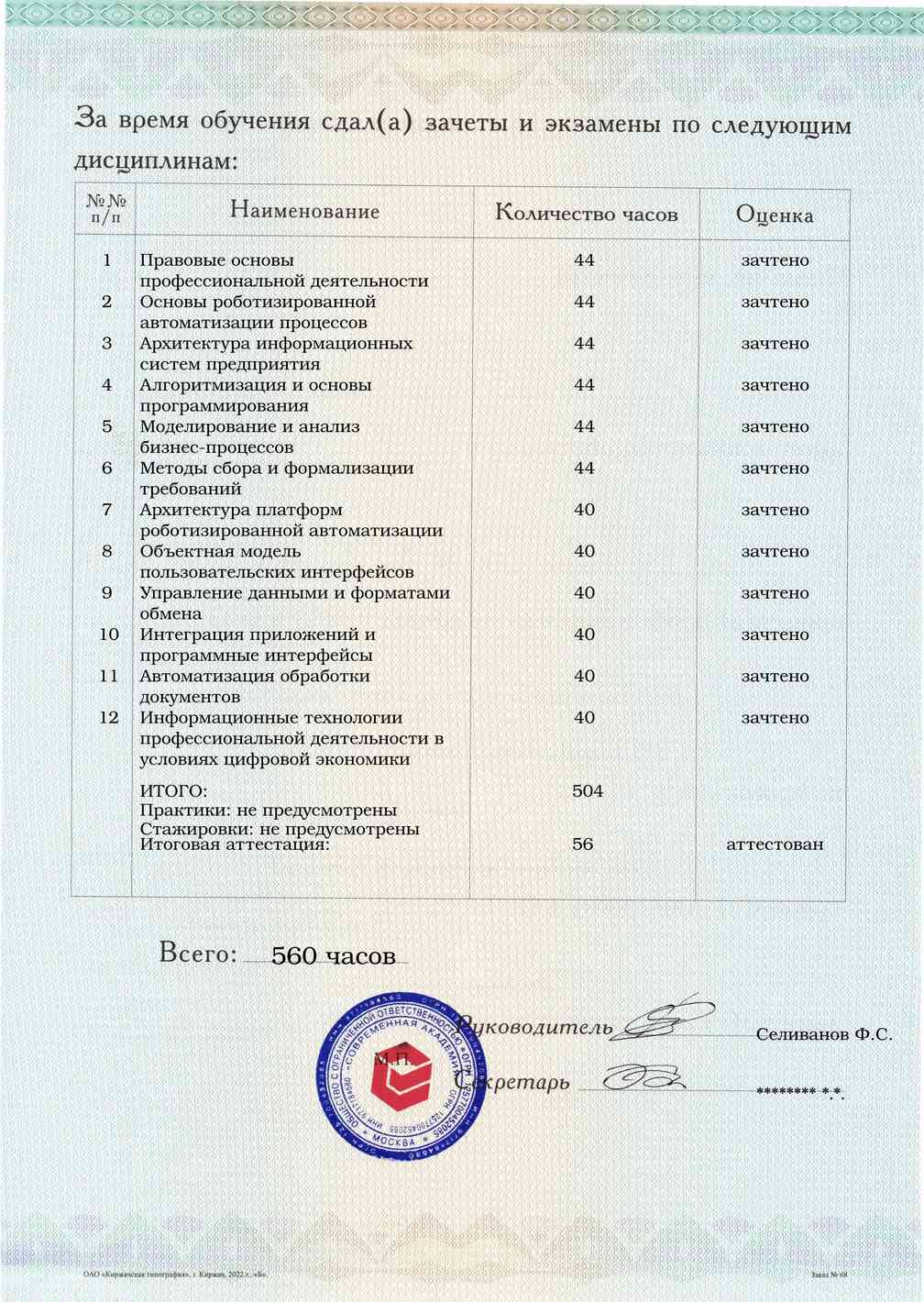 Образец приложения оборотная сторона (аттестационная работа) по программе Роботизированная автоматизация процессов