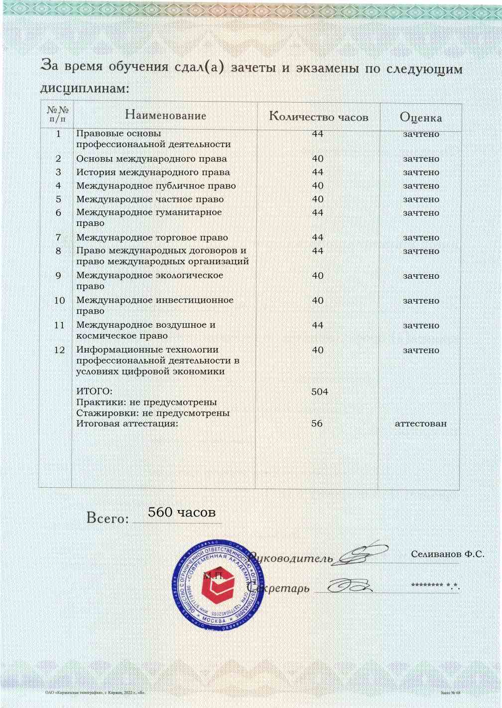 Образец приложения оборотная сторона (аттестационная работа) по программе Международное право