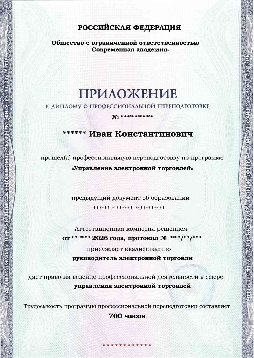 Образец приложения лицевая сторона (итоговое тестирование) по программе Управление электронной торговлей