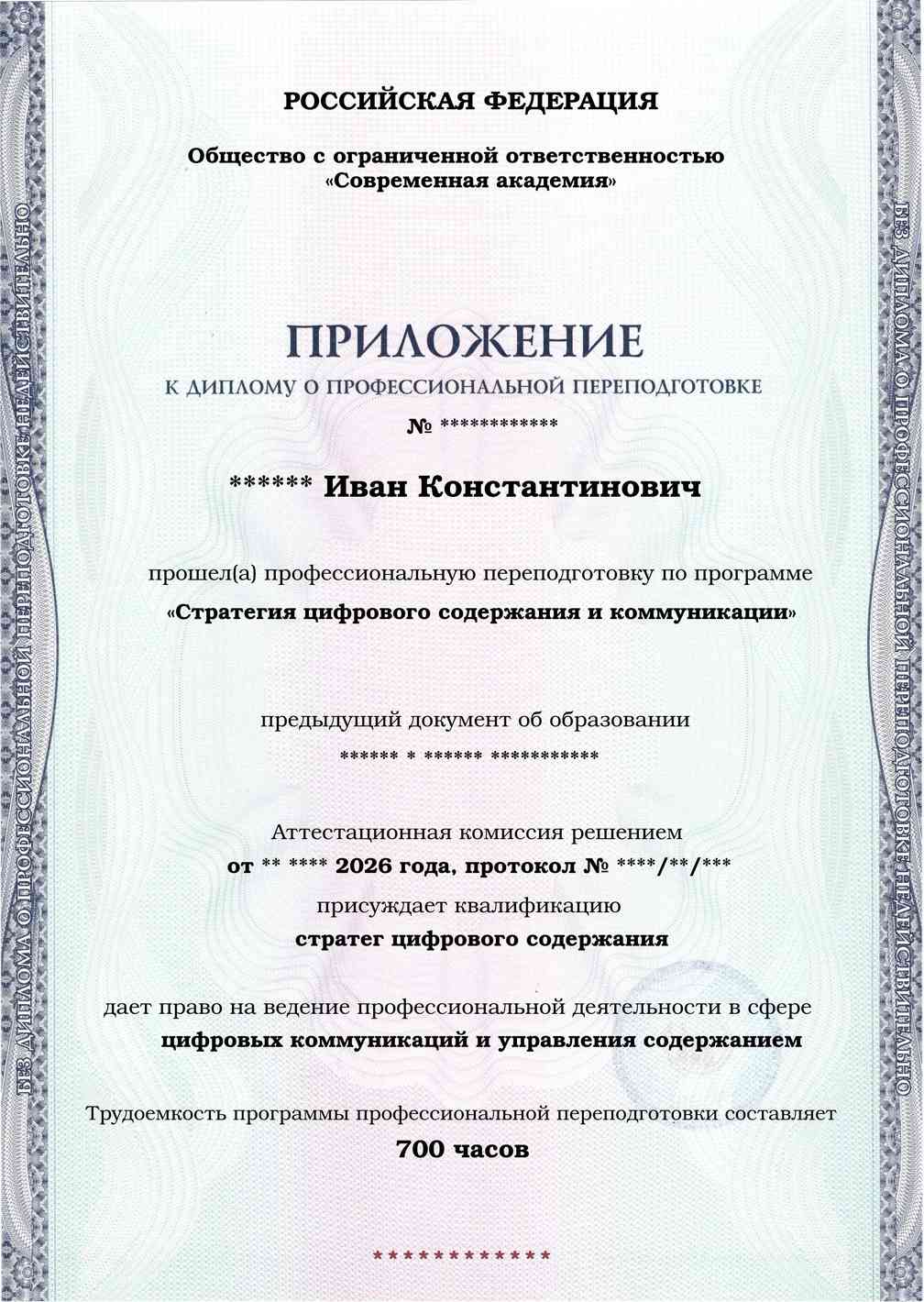 Образец приложения лицевая сторона (итоговое тестирование) по программе Стратегия цифрового содержания и коммуникации