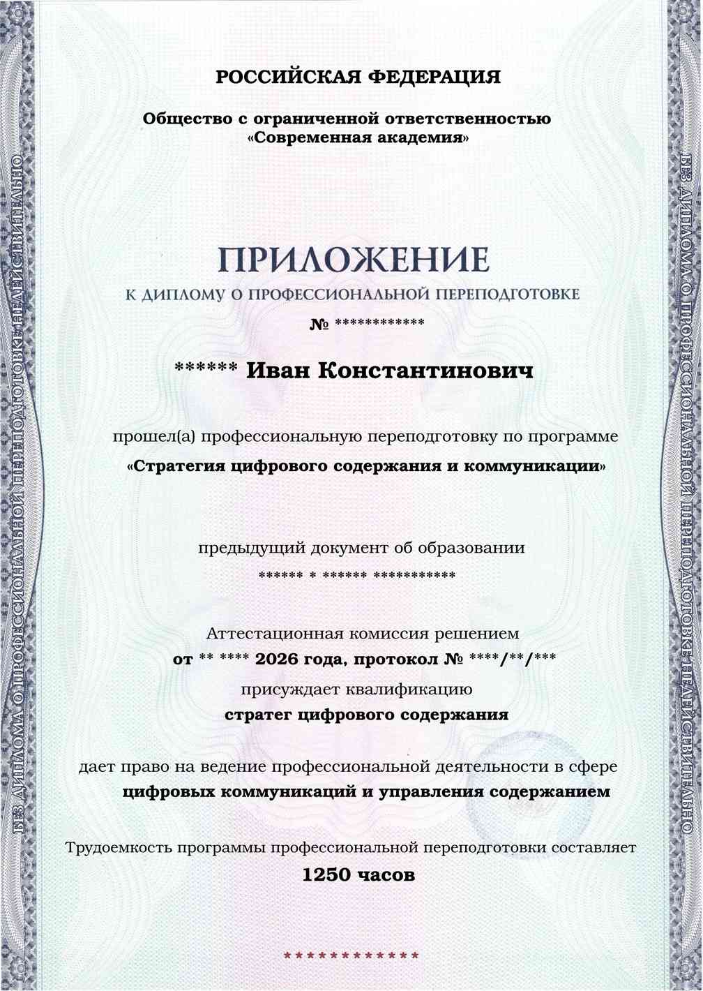 Образец приложения лицевая сторона (итоговое тестирование) по программе Стратегия цифрового содержания и коммуникации
